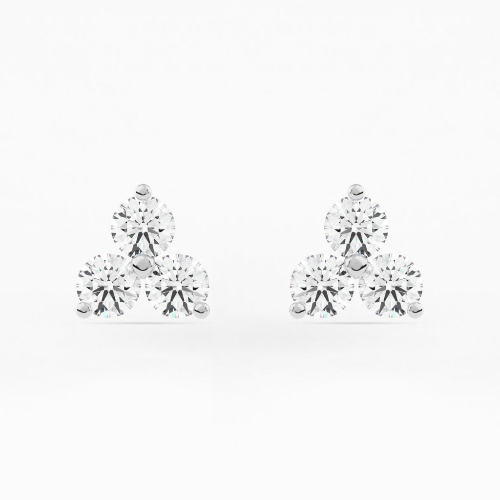 Shared 2-Prong Three Stone Cluster Stud Earrings w/ Screwbacks