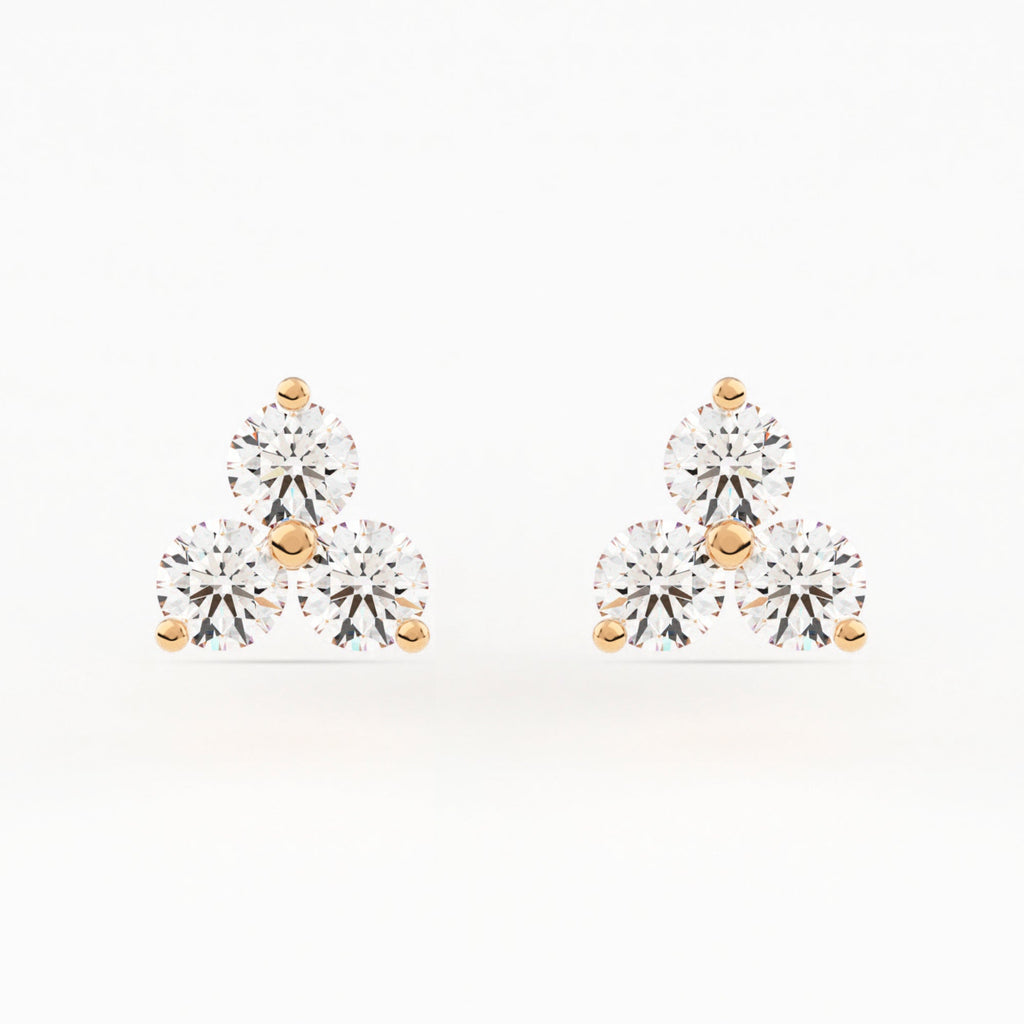 Shared 2-Prong Three Stone Cluster Stud Earrings w/ Screwbacks