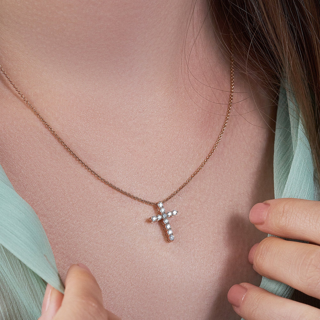 Shared-Prong 11-Stone Cross Slider Pendant