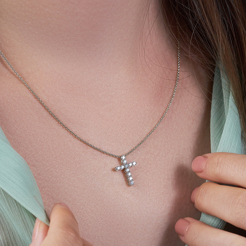 Shared-Prong 11-Stone Cross Slider Pendant