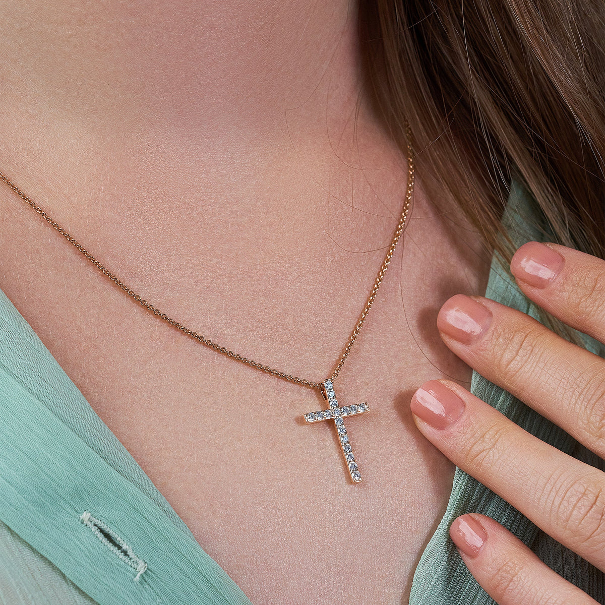 Shared-Prong 17-Stone Cross Charm Slider Pendant