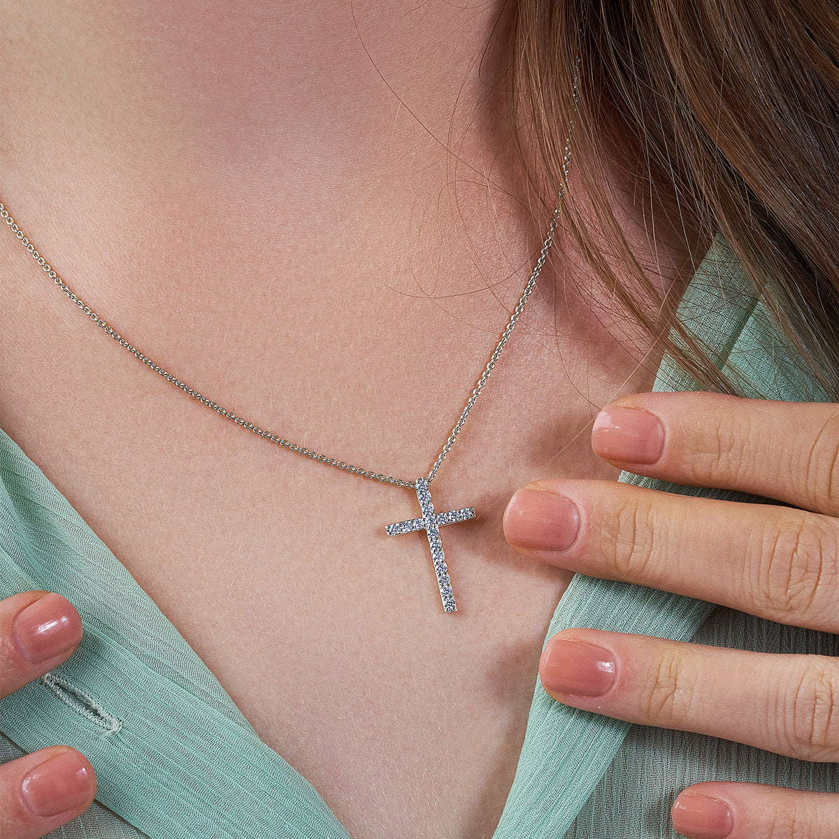Shared-Prong 17-Stone Cross Charm Slider Pendant